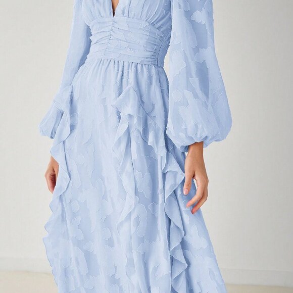 Baby Blue Elegant Women's Romantic Floral V-Neck Long Sleeve Maxi Dress - Picture 2 of 8